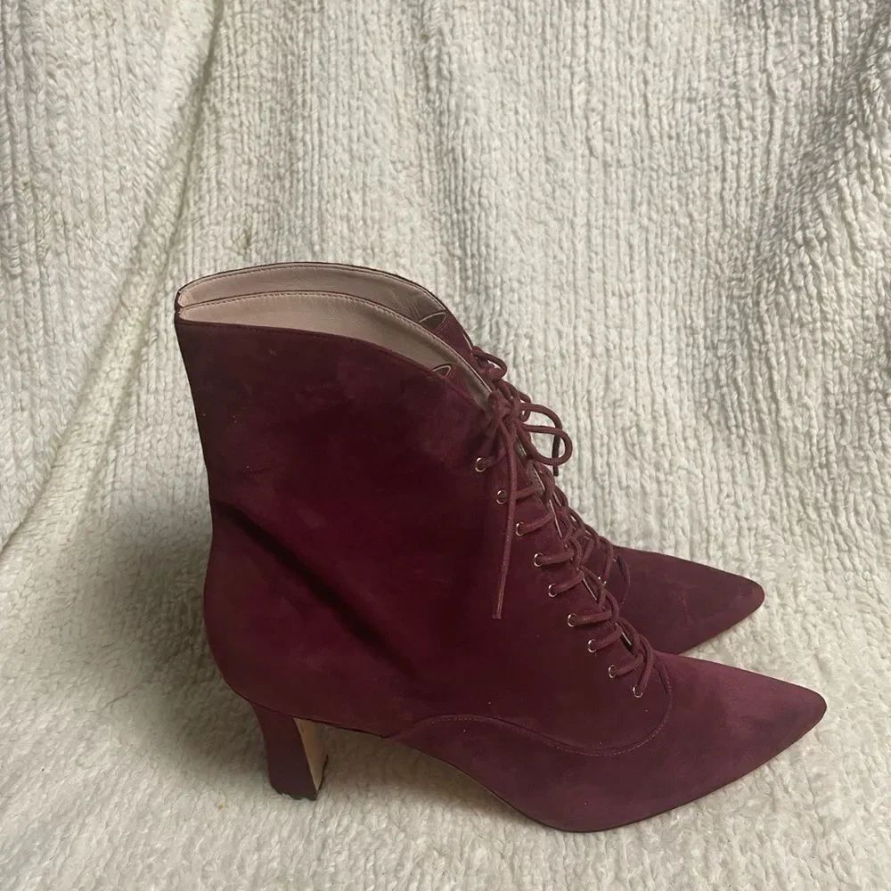 Nine West Full Leather &Suede Burgundy Heeled Granny Laceup Booties SZ 12M